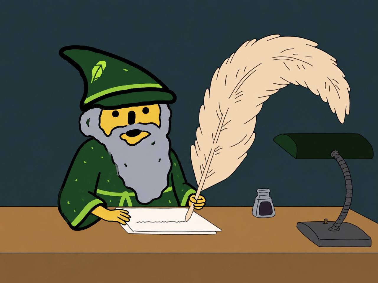 The wizard writing the scrolls with a quill