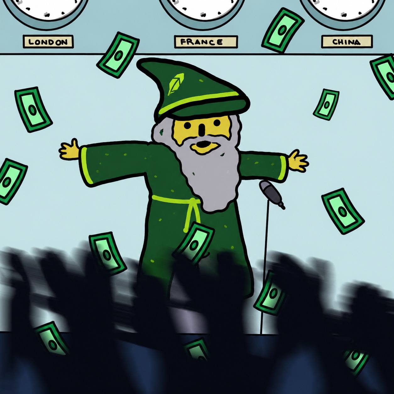 The wizard on stage as money rains down