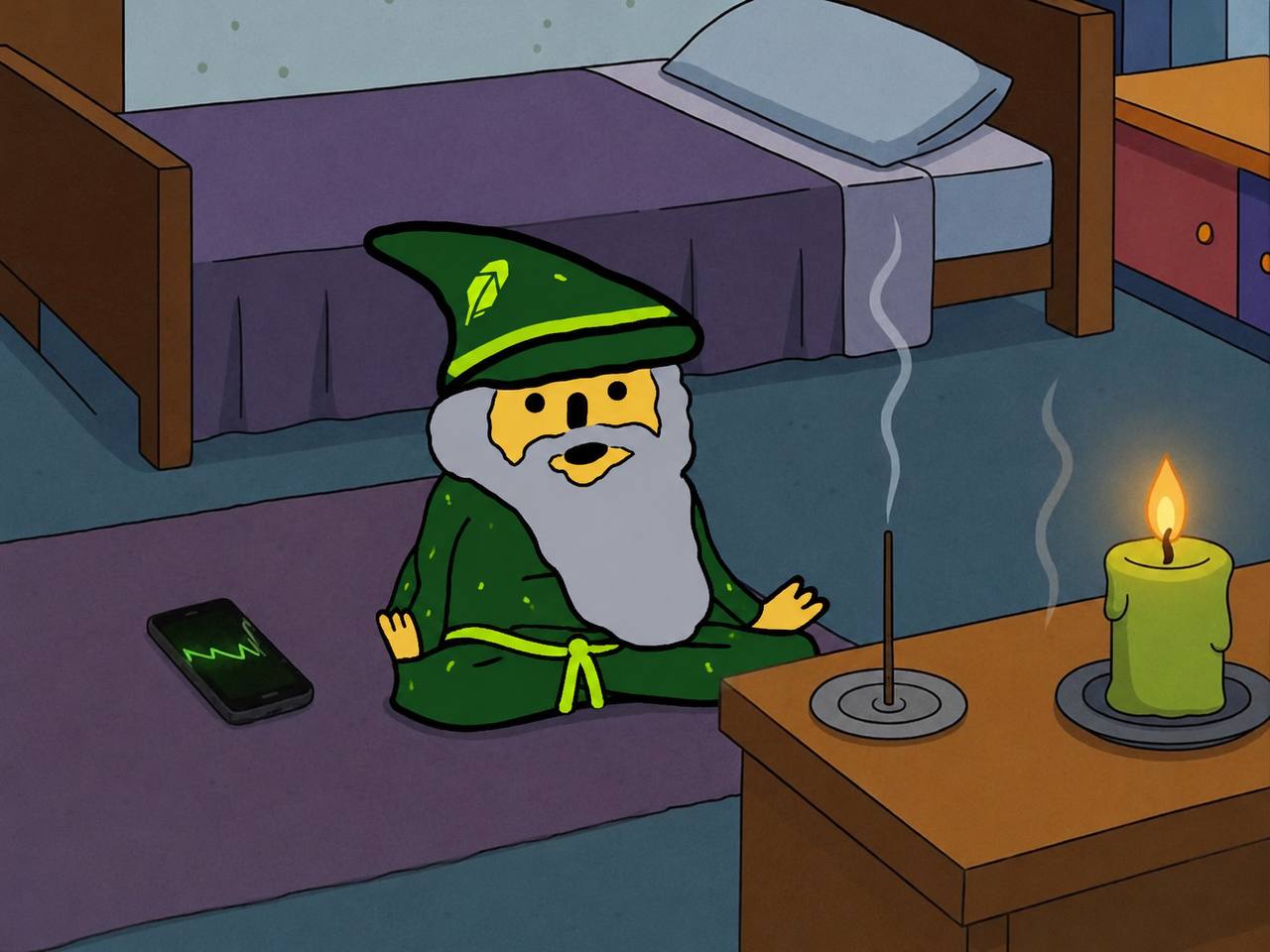 The wizard meditating beside a phone showing a green chart